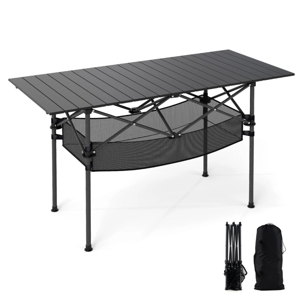 Tavolo da picnic portatile con piano in alluminio arrotolabile cestello in rete-Tavolo da campeggio pieghevole da esterno Nero