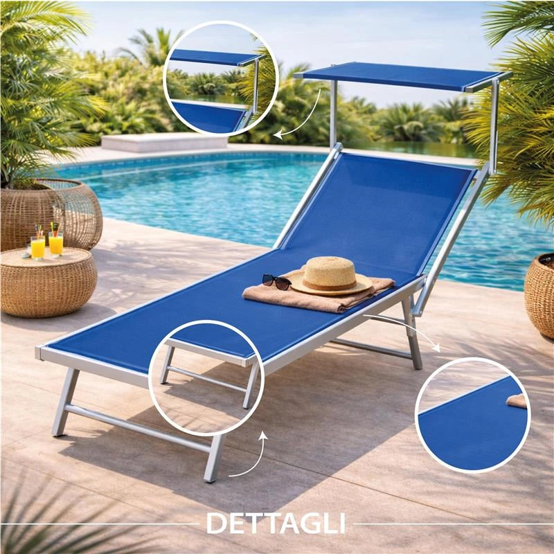 LETTINO STABILIMENTO RIMINI PRENDISOLE IN ALLUMINIIO CON PARASOLE PIEGHEVOLE 61X183/189X38H CM, COLORE BLU