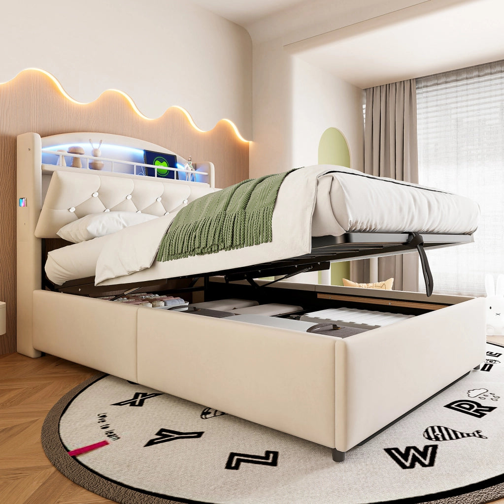 Letto imbottito 90x200 con contenitore, LED e porte USB, beige