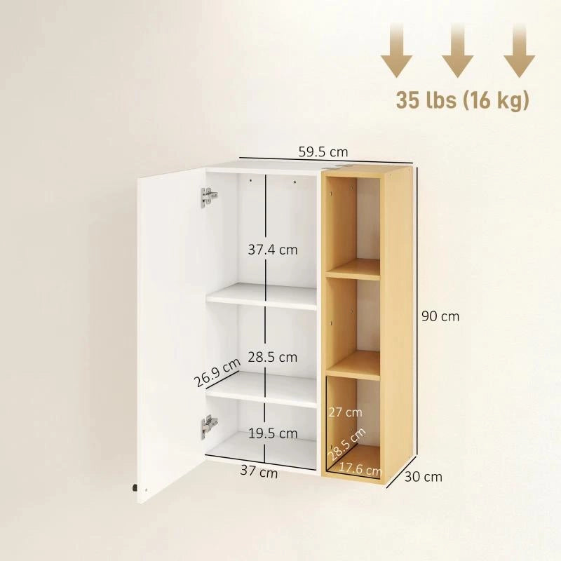 ARMADIETTO BAGNO A PARETE CON RIPIANI REGOLABILI E 3 MENSOLE APERTE, 59.5X30X90 CM, BIANCO E LEGNO