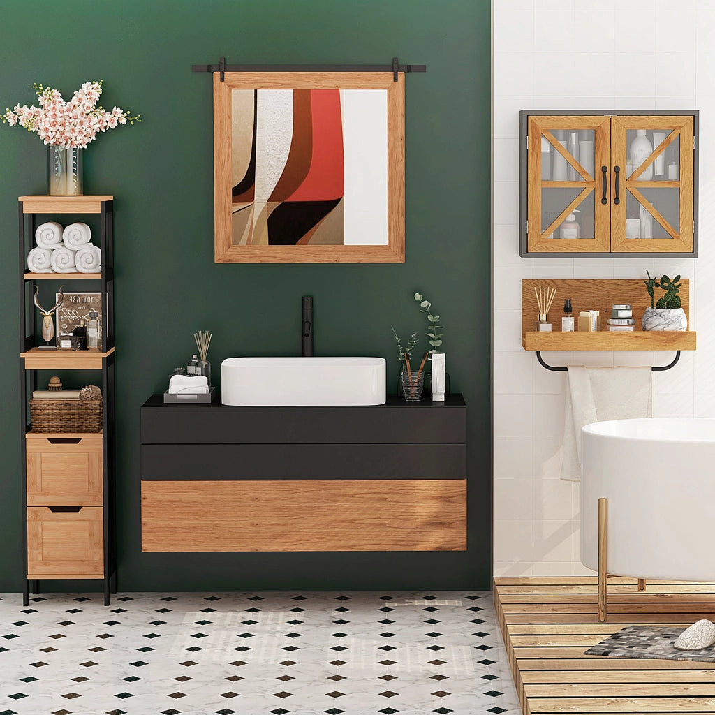 Armadio Bagno Alto con Ripiani e Cassetti ¨C Minimal ¨C 30x30x144 cm Nero e Naturale