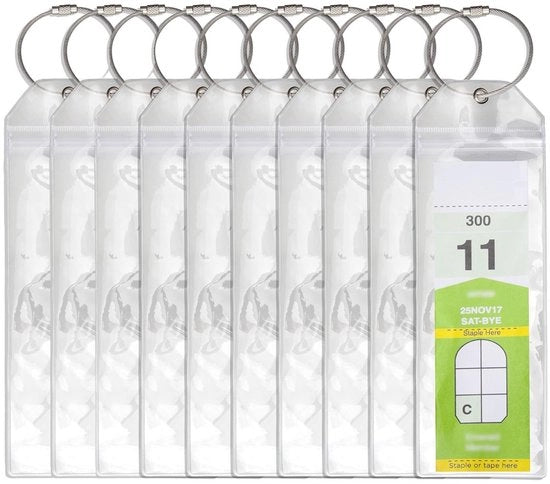 10 pezzi di supporto per etichette di bagaglio con chiusura a cerniera e anello in acciaio - supporto per etichette di bagaglio anti-perdita in PVC impermeabile - supporto per etichette di bagaglio trasparenti (20 x 6,4 cm)