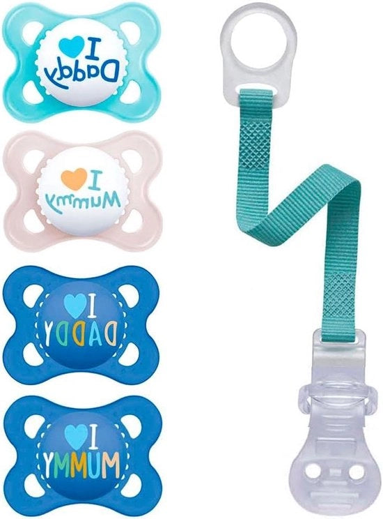 Spazzola per bambini in silicone - Ti amo papà e mamma - Pelle morbida - 0-6 mesi - Bambino - Set da 4 - Incluso 2 scatole di trasporto sterilizzanti