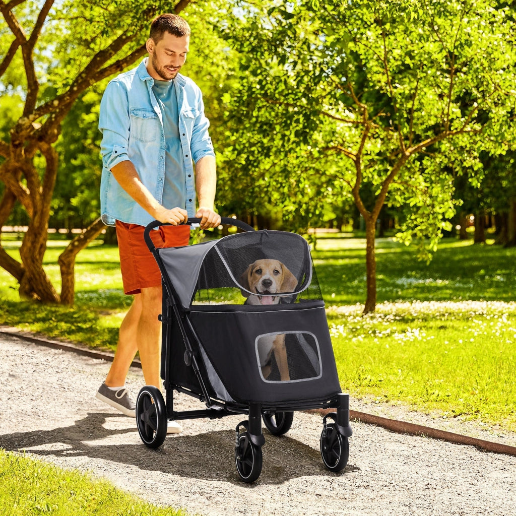 Passeggino per Cani Taglia Media e Grande 112x65x100 cm Pieghevole con Ingressi a Cerniera Grigio Scuro e Nero