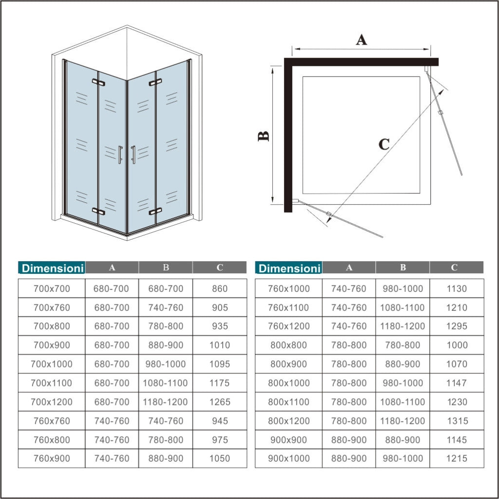 185 cm Box Doccia Angolare 76x120 cm Doppia Porta Battente Pieghevole Vetro Temperato Trasparente 6 mm Anticalcare Telaio Dorato Spazzolato