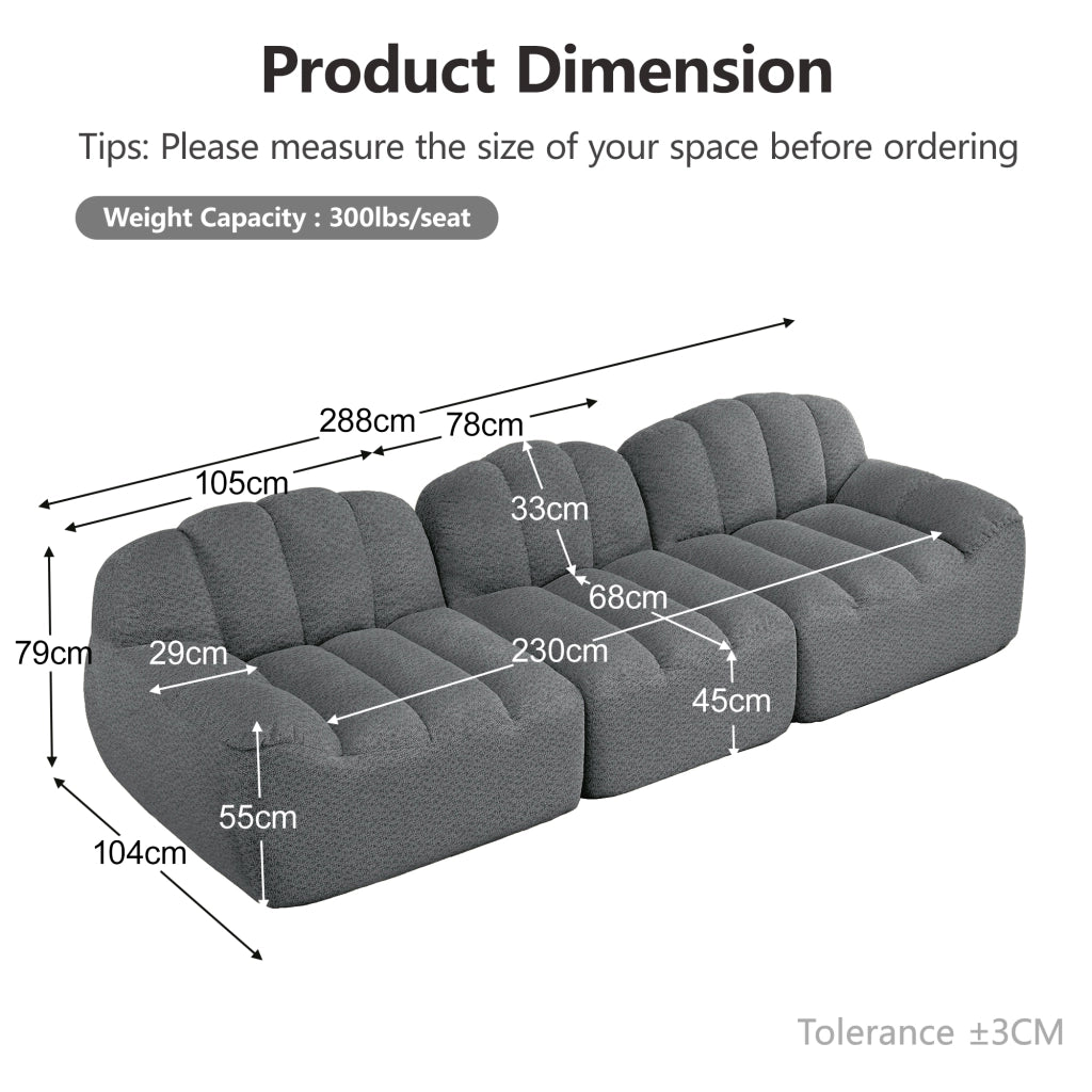 Divano modulare 3 posti - Zephmum - Design boneless in schiuma ad alta densit¨¤ 32D, seduta profonda, tessuto morbido, Grigio