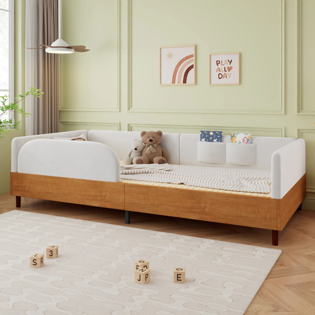LETTO imbottito 90x200 cm in velluto bianco e legno