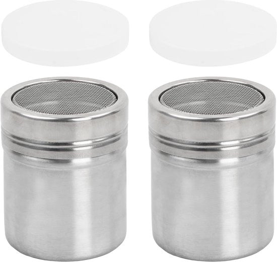 Shaker a polvere - Fornito in acciaio inossidabile - Setola fine per la filtrazione - Zangola per sale - Zangola per cioccolato - Sicuro e duraturo - Dimensioni 8 x 6,5 cm - Contenitore per sale