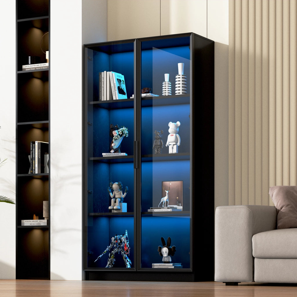 VETRINA con LED APP 80x40x160 cm Nero in Truciolare con 2 Ante in Vetro