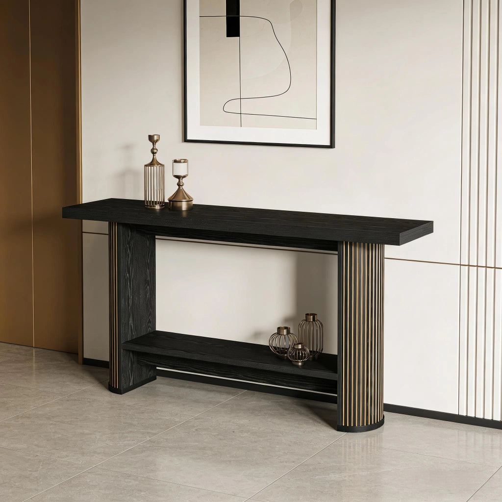 Consolle sottile in legno con piano ampio; design moderno per ingresso e soggiorno; finitura nera; 153×38×16 cm