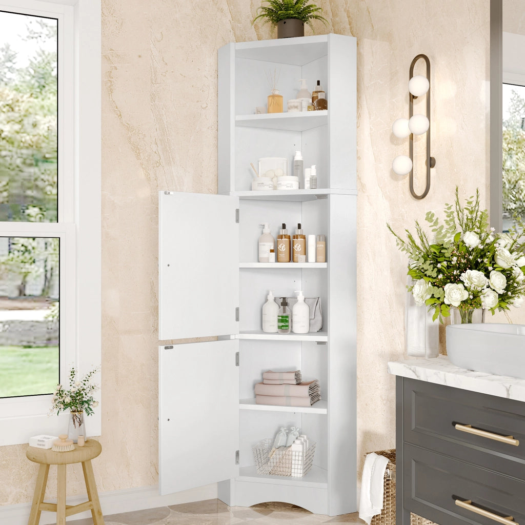 Mobile angolare da bagno con 2 ante, 2 vani aperti e ripiani regolabili, in MDF laccato, bianco, 51.7 × 32 × 155.4 cm