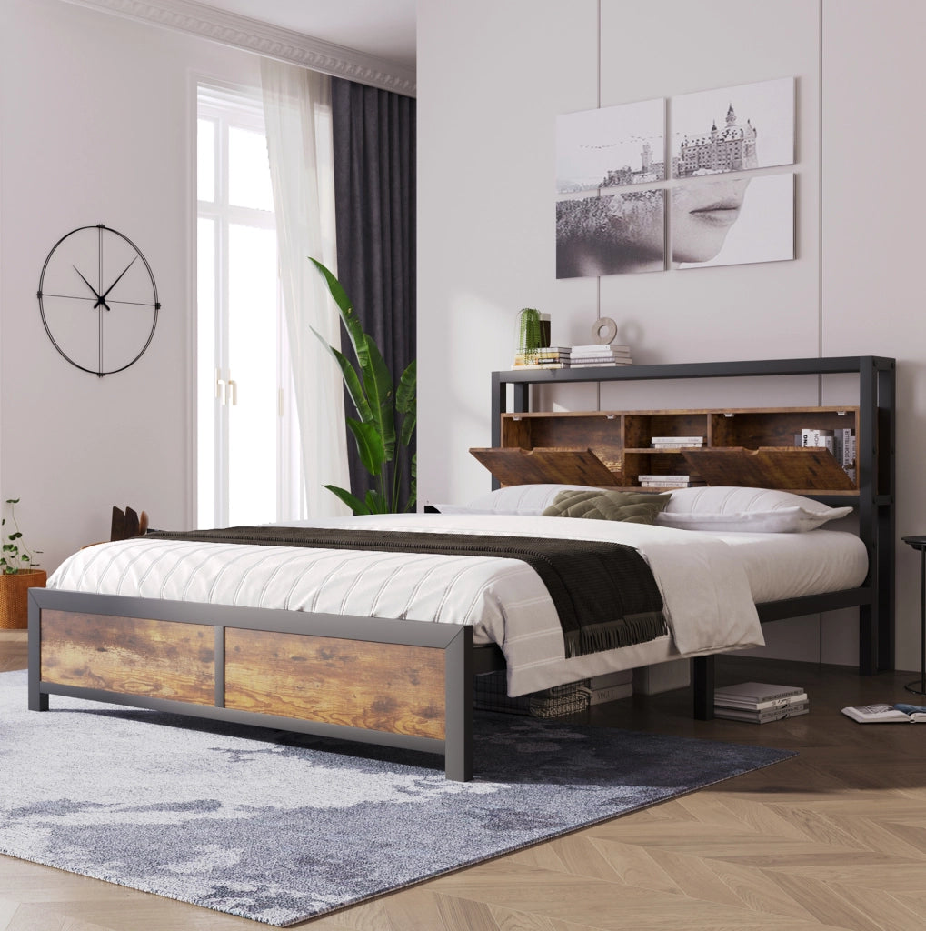 Letto matrimoniale 140x200 cm con testiera contenitore; struttura in metallo e MDF; naturale