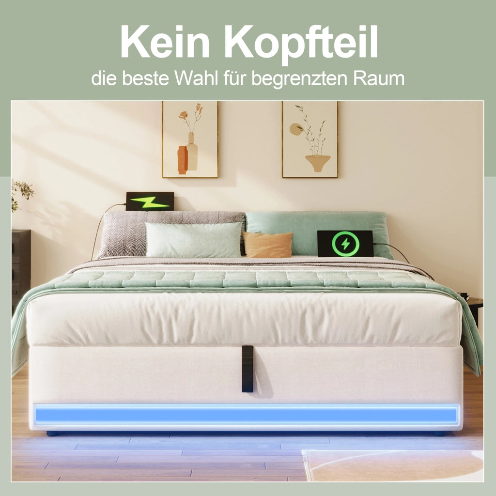 LETTO Imbottito 140x200 cm Beige in Lino con LED, USB e Type-C