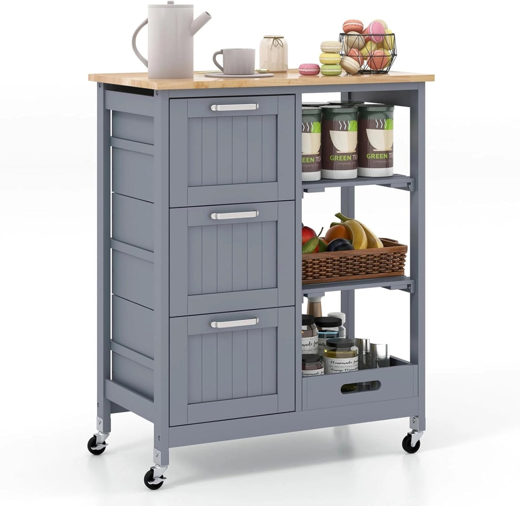 Carrello da Cucina con Ruote, Credenza Cucina con 4 Ripiani e 3 Cassetti, in Legno, Ideale per Cucina Ristorante e Bar, 67 x 37 x 83,5 cm (Grigio)