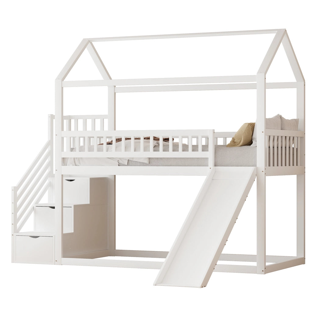 Letto a soppalco 90×200 cm; letto singolo con scivolo e scala contenitore; sponde alte; senza materasso; legno