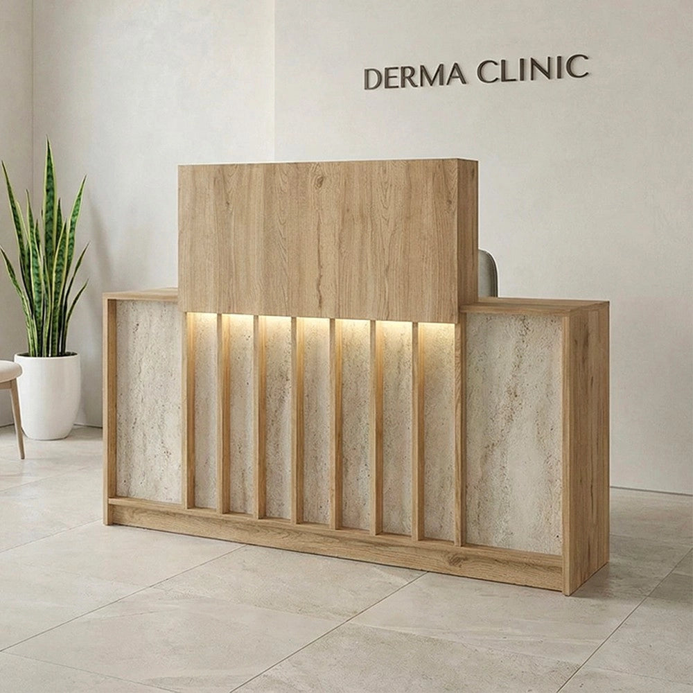 Bancone Reception Davis 150 cm Rovere e Travertino con LED e Listelli Verticali