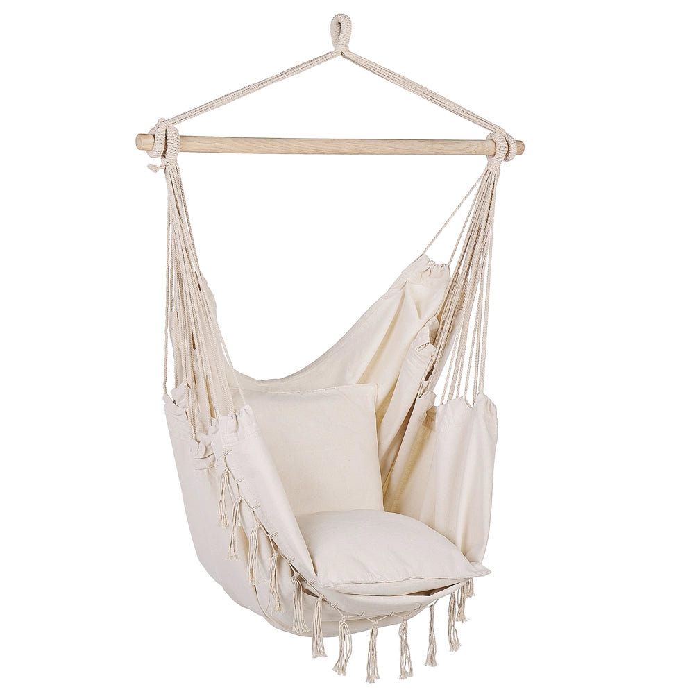 Sedia a dondolo sospesa in cotone beige e poliestere altalena per interni ed esterni in stile boho