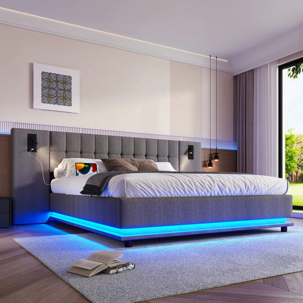 Letto imbottito 180x200 cm in lino grigio con LED, USB e luce spot, senza materasso