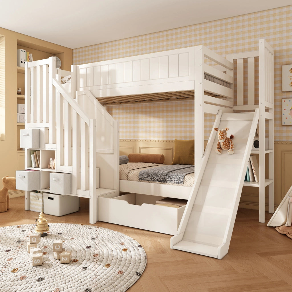 Letto a castello per bambini 90x200 cm con scivolo; scala contenitore e cassetti; bianco