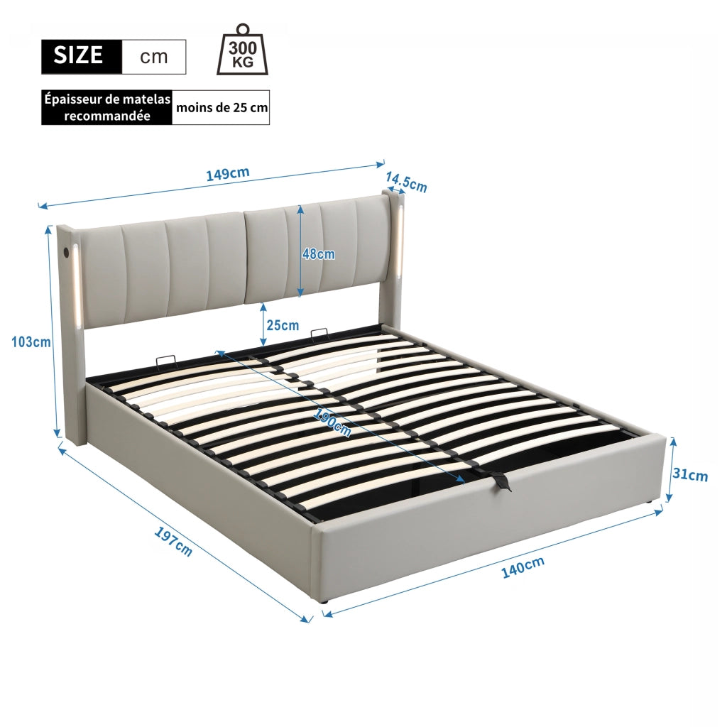 LETTO 140x190 cm in PU Grigio con LED, USB e rete a doghe