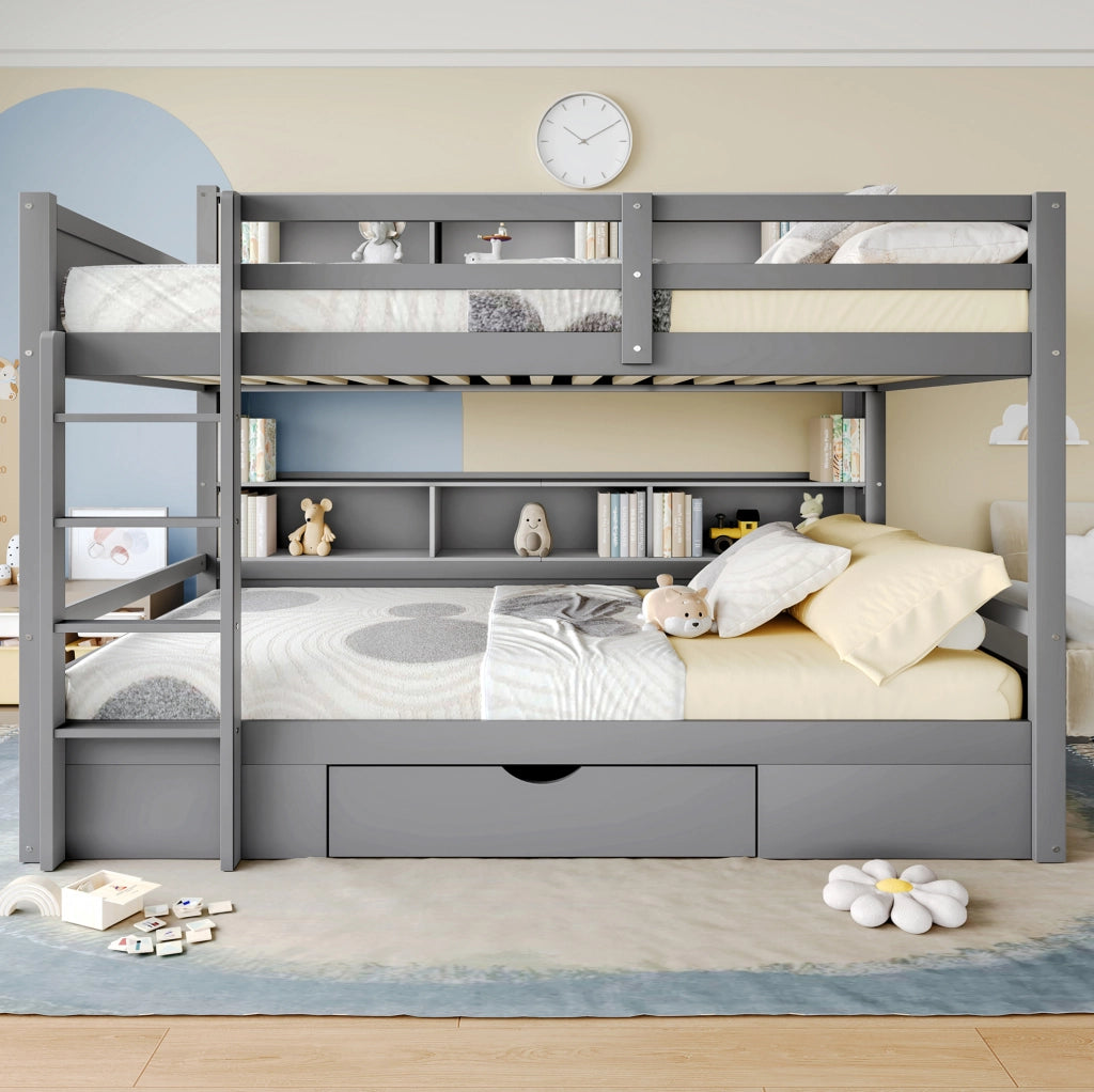 Letto a castello 90x200 cm con cassetto e vani contenitore, grigio