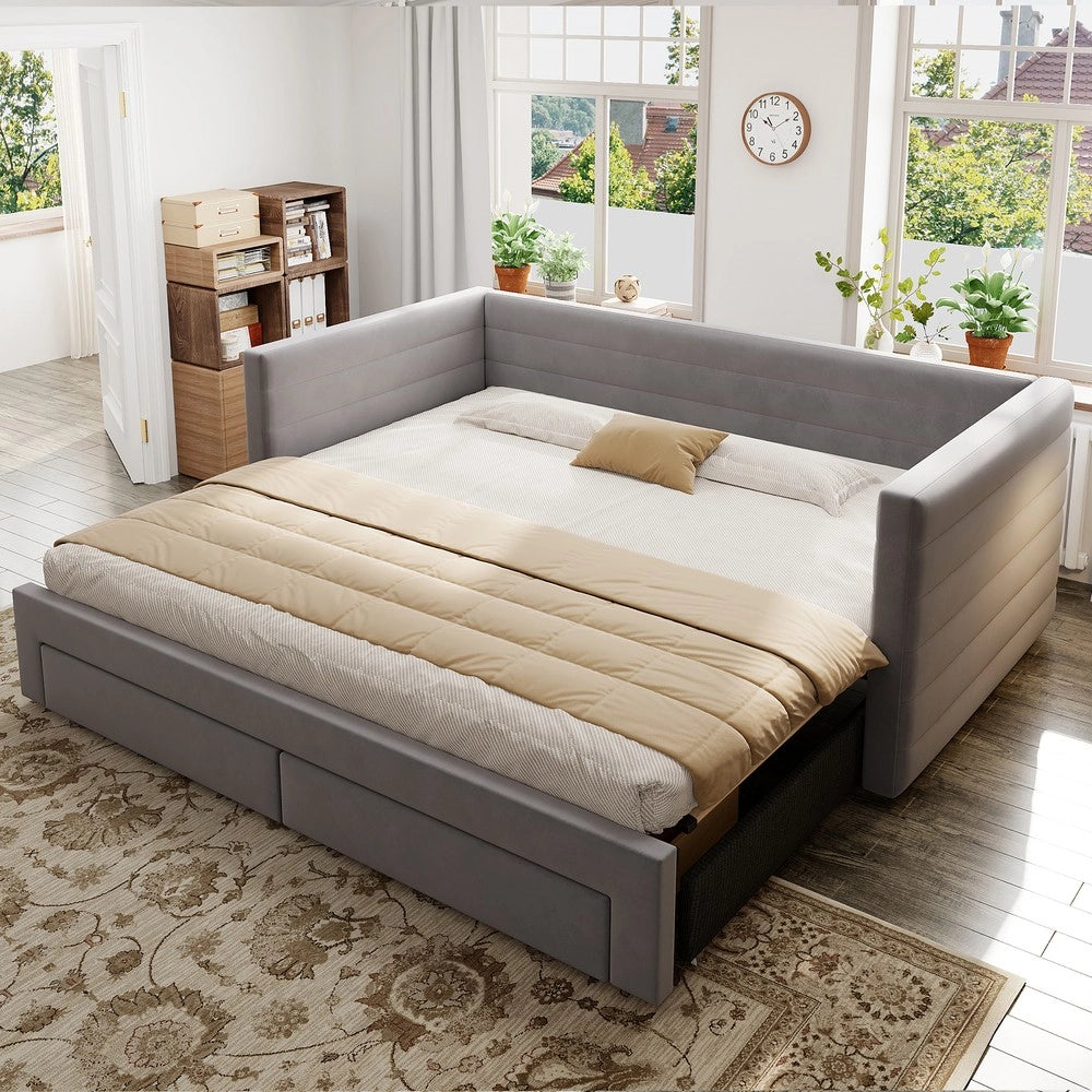 Letto Imbottito Estraibile 3 in 1 con Cassetti e Doghe ¨C MINIMAL ¨C Grigio 90x190 Cotone Lino