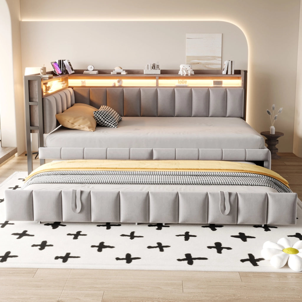 Divano letto 90x200 cm con letto estraibile, LED, USB e vani portaoggetti