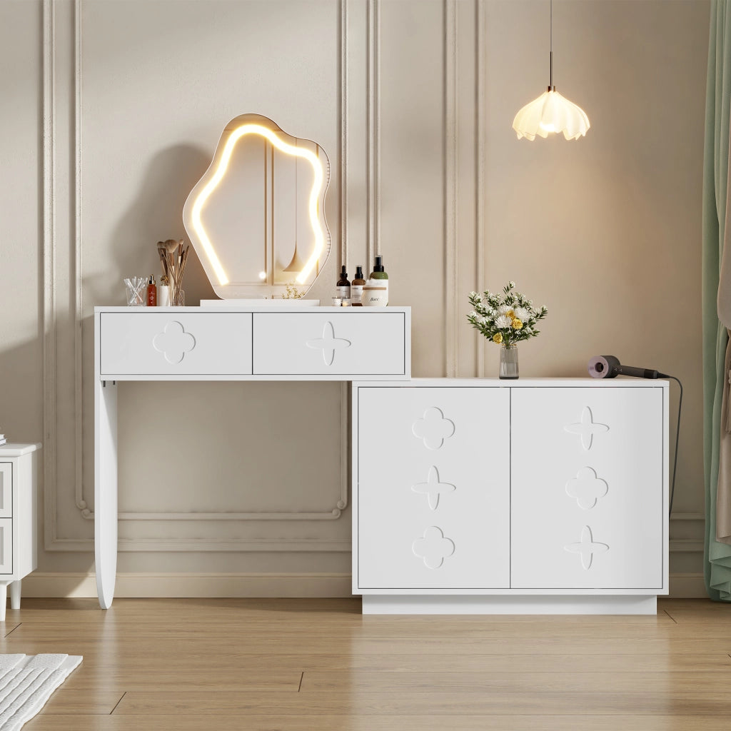 TOLETTA con Specchio LED 160x40x132 cm Bianca con 2 Cassetti e Armadietto
