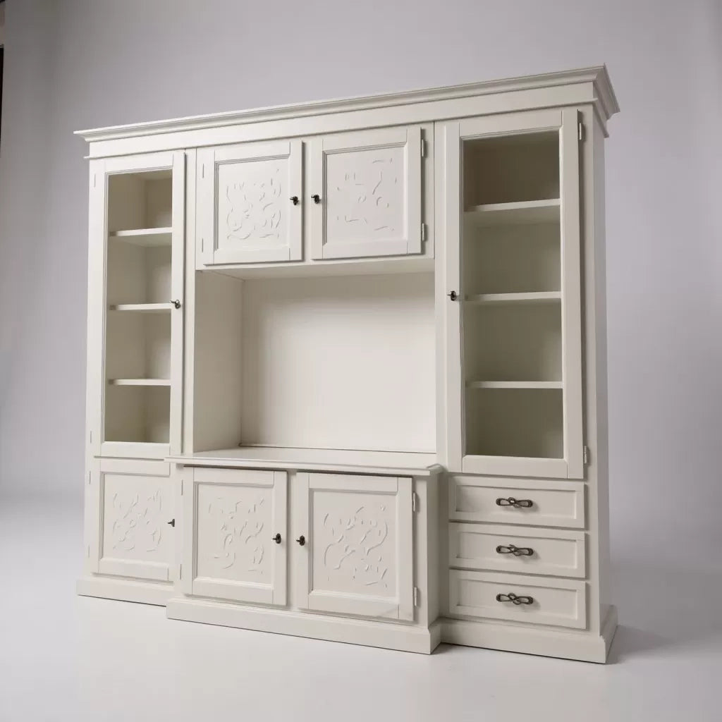 Parete attrezzata porta tv shabby legno bianco anticato con rilievo 250x53x225 - Mobili 2G