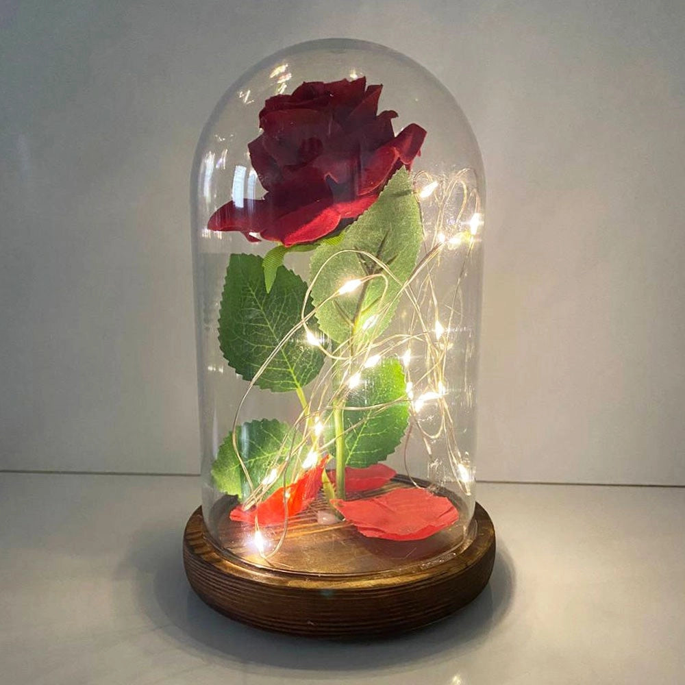 Trade Shop - Rosa Eterna Incantata La Bella E La Bestia In Cupola Con Base Legno E Luci A Led -