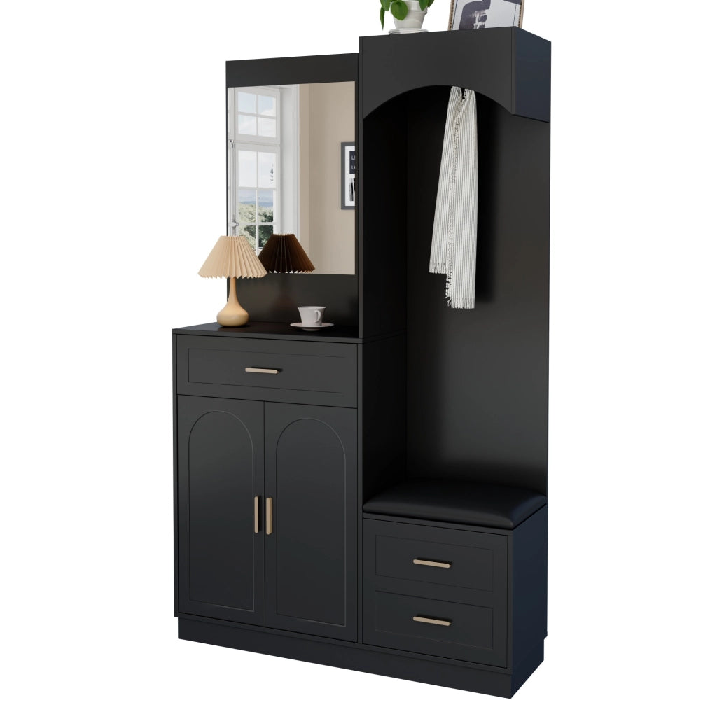 Guardaroba da ingresso 110x33x185.5 cm con scarpiera; specchio e panca nero