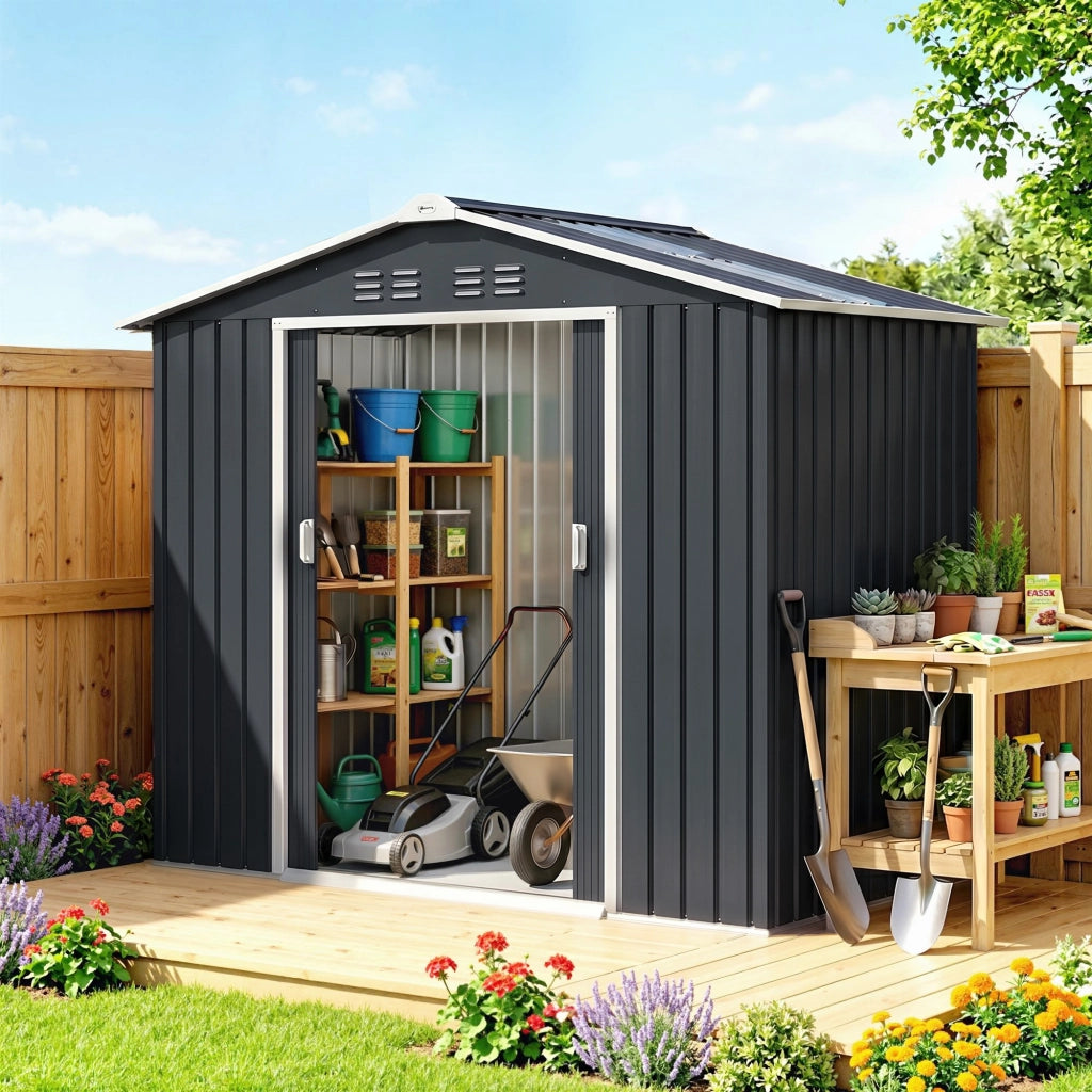 Casetta da Giardino in Metallo ¨C Xylo ¨C Grigio Scuro 277x195x192 cm con Doppia Porta Scorrevole