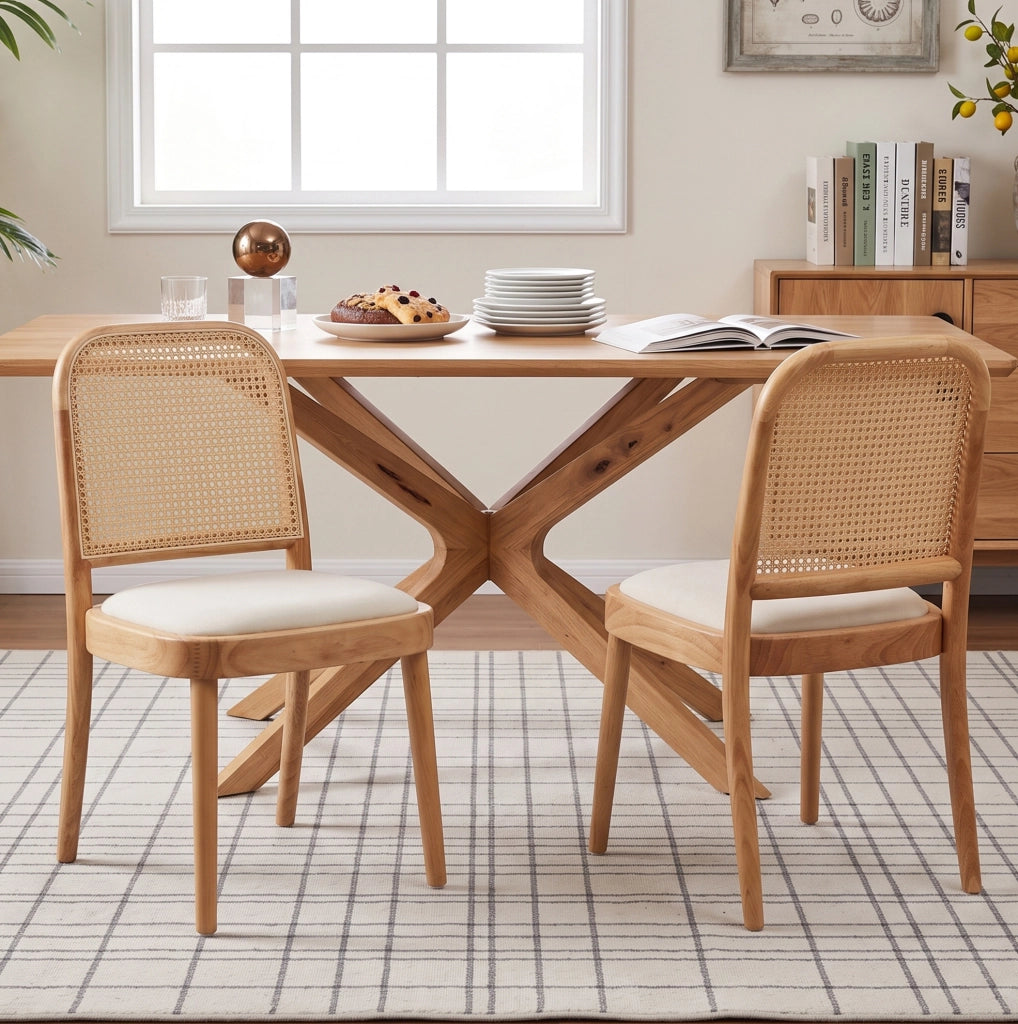 Set di 2 sedie da pranzo in legno massello con schienale in rattan e seduta in lino; color legno