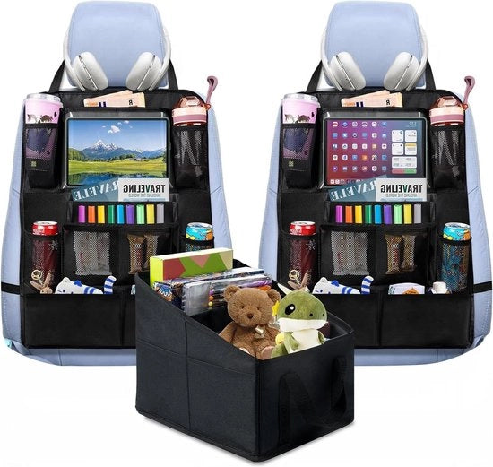 Organizzatore per autovettura con tavolino - Tela di Oxford impermeabile - Organizzatore per bagagliaio grande - Bambini - Protezione per poggiatesta - 10 supporti per iPad Organizzatore per autovettura con tavolino