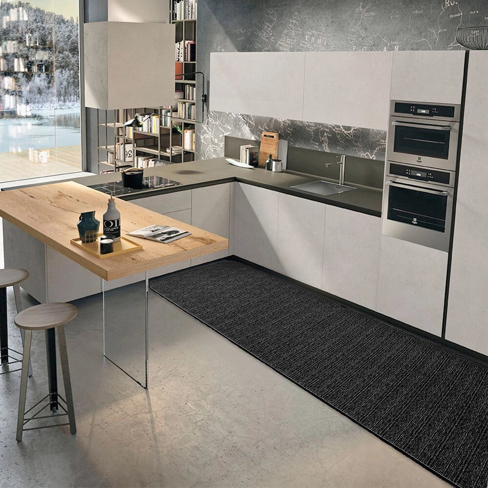 Tappeto Cucina Tinta Unita Striato 54x280 Cm Bordato Assorbente Passatoia Casa Antiscivolo Nero