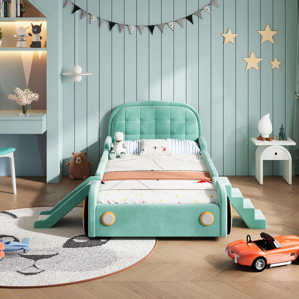 LETTO Auto con scivolo e scala 90x200 cm Velluto Blu-verde