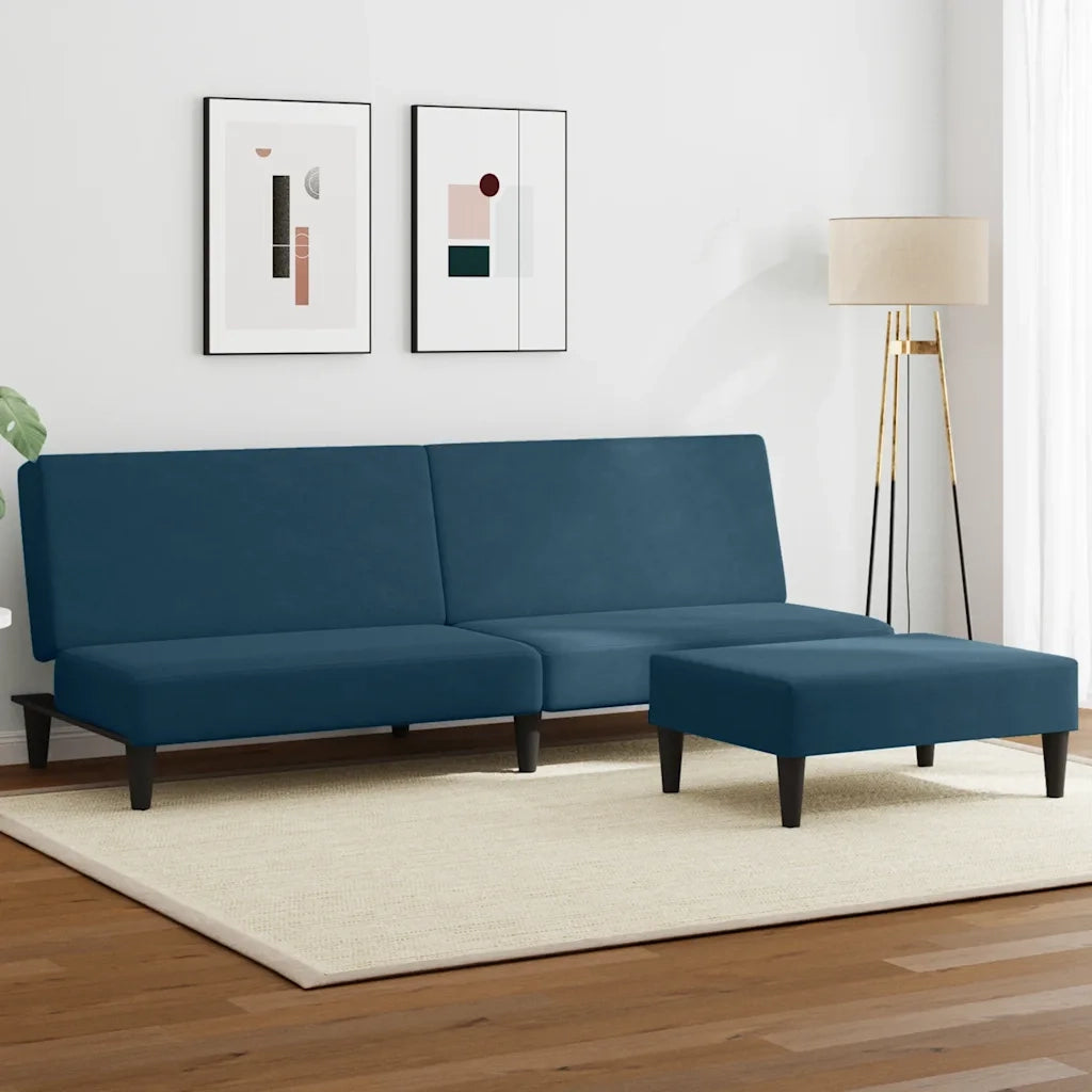 Divano Letto 2 Posti con Poggiapiedi Blu in Velluto