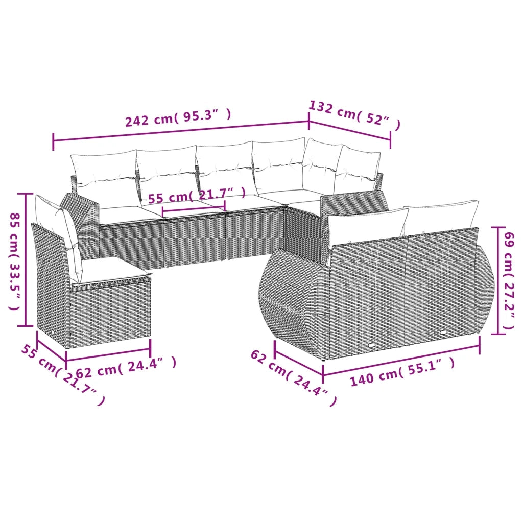 Set Divano da Giardino 8 pz con Cuscini Beige in Polyrattan 3253976