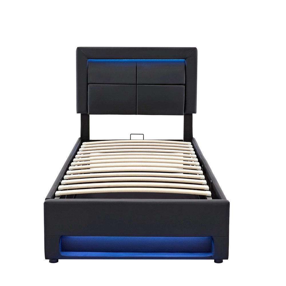 Letto Imbottito con LED e Contenitore ¨C MINIMAL ¨C 90x200, USB, Similpelle Nero