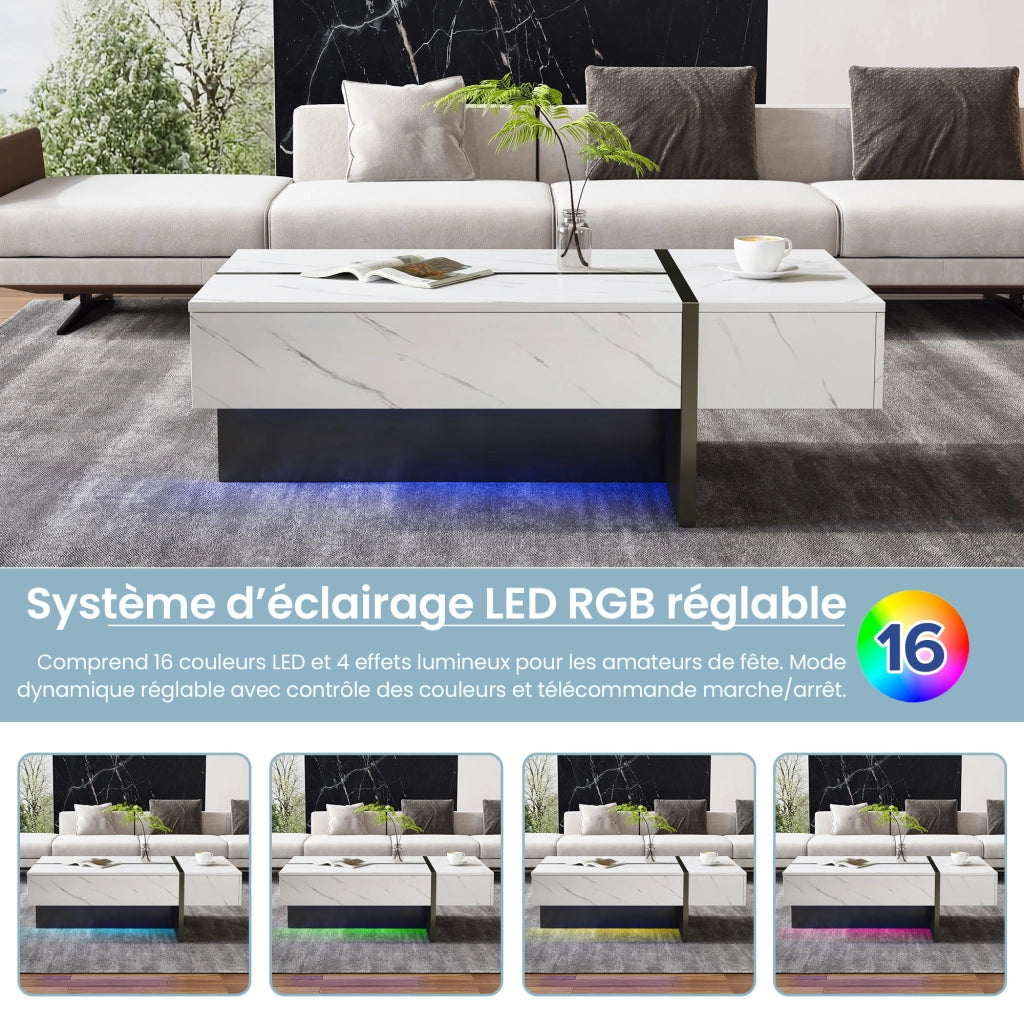 OKWISH Tavolino da Salotto Moderno con 3 Cassetti e LED tramite App, 105 x 60 x 35 cm, Pannelli di Truciolare, Bianco