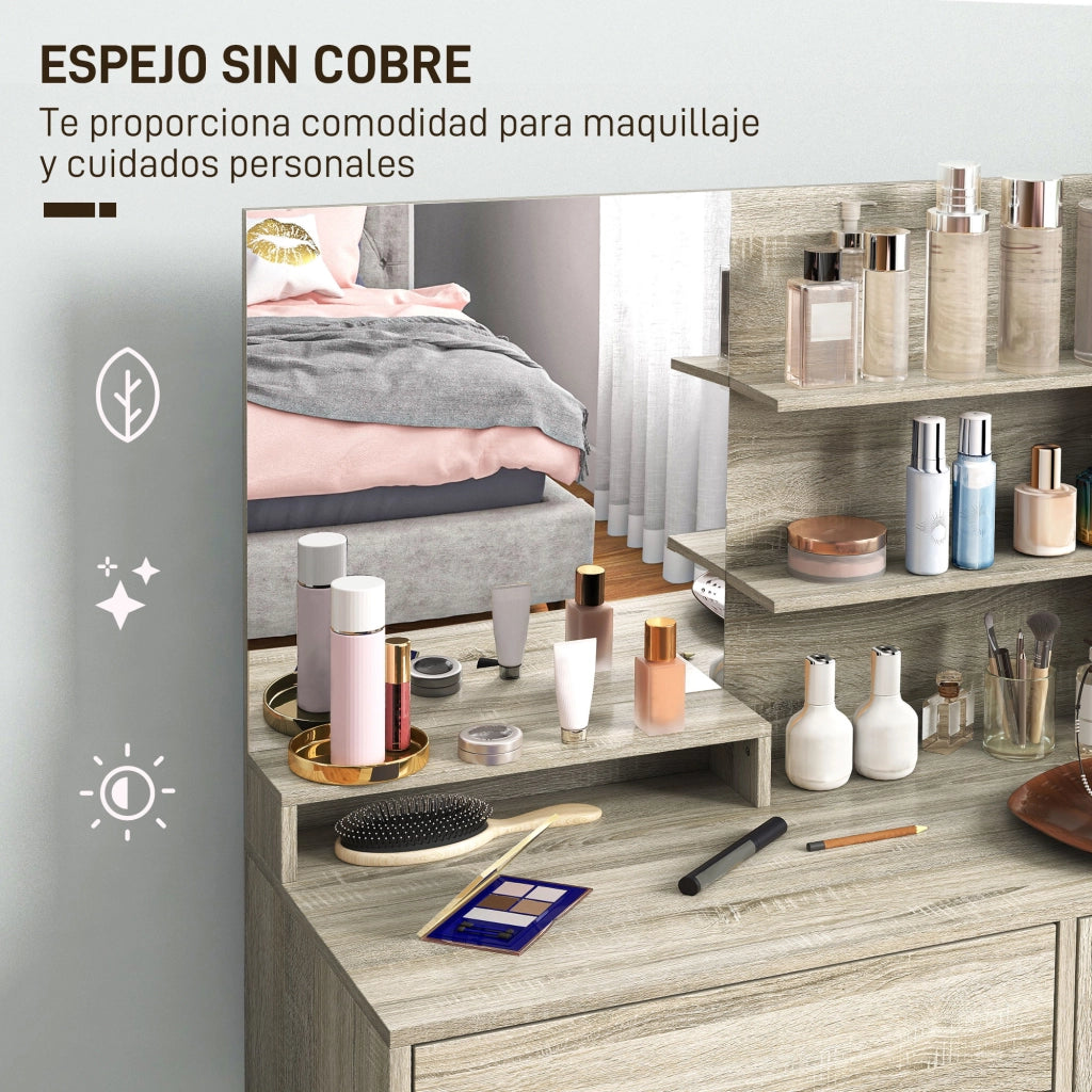 Toeletta con Sgabello Specchio Cassetto Ripiani Aperti Regolabile Anti-ribaltamento ¨C Xylo ¨C Beige Naturale