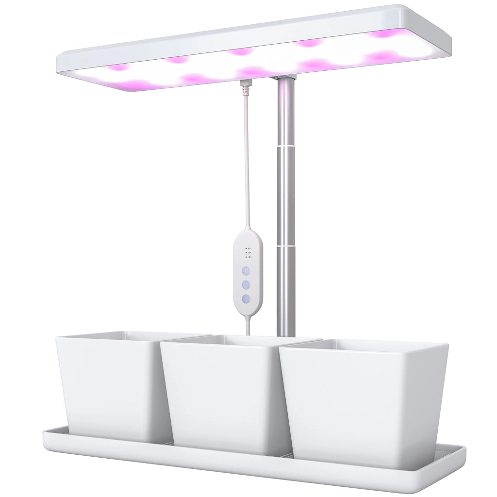 Lampada per Piante LED 30 Luci ¨C Xylo ¨C con 3 Vasi, Timer, Regolabile, 31.8x13.4x18.6-35.6 cm, Bianco