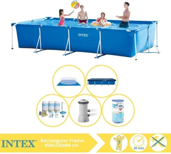 Piscina a forma rettangolare - Piscina da montare - 450x220x84 cm - Inclusa copertura, kit di manutenzione, pompa della piscina, filtro e telo di copertura