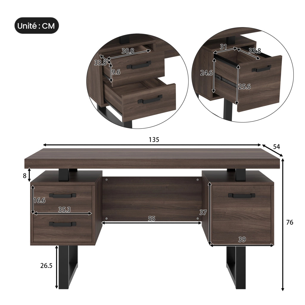 Scrivania lineare con 2 cassetti e vano portadocumenti; per ufficio; 135×54×76 cm; in MDF e metallo; marrone
