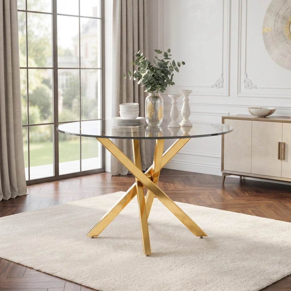 Tavolo rotondo in vetro temperato 80 cm, struttura color oro, design moderno con base a croce