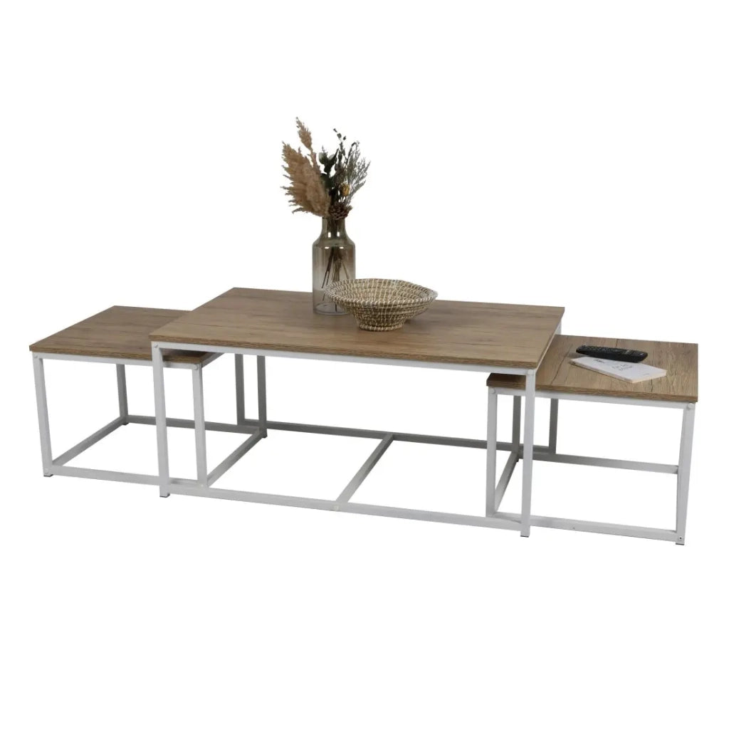 Set di 3 tavolini impilabili quadrati PUEBLO – Stile industriale – Rovere scuro e bianco