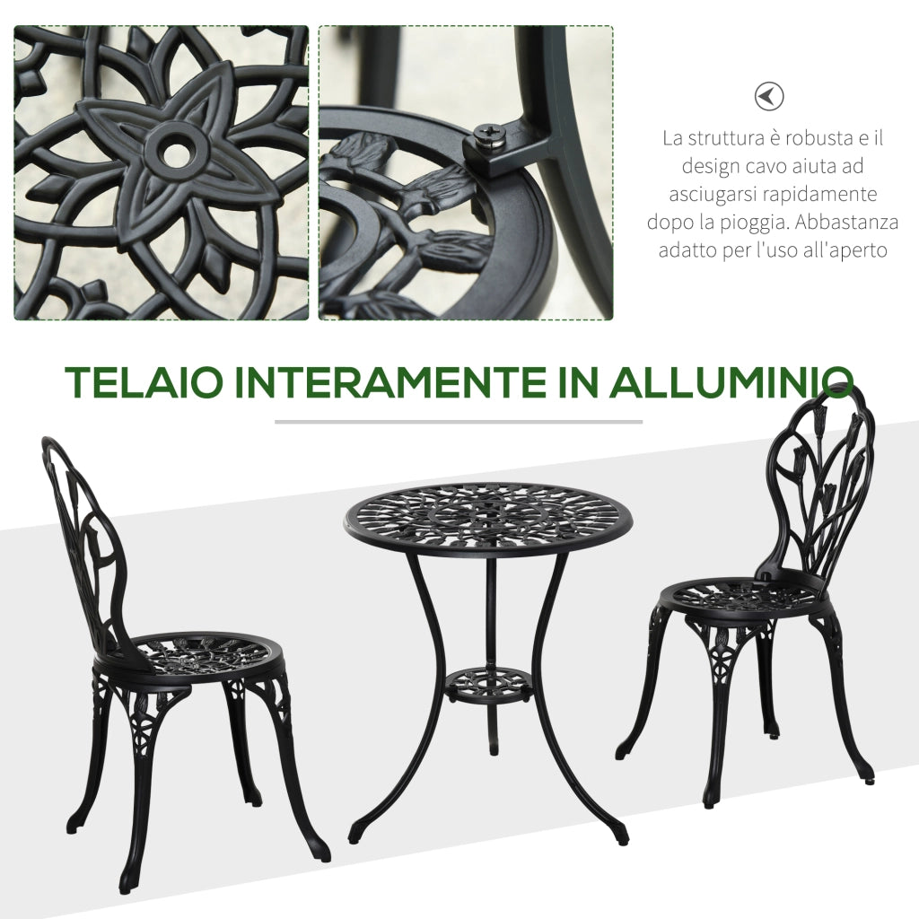Set da Giardino 3 Pezzi ¨C Zephmum ¨C Nero, Alluminio, Sedie 42.5x47.5x89 cm e Tavolino ?60x67 cm