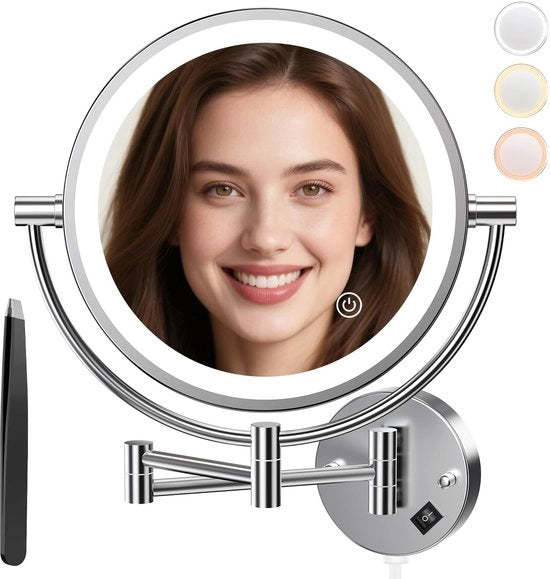 Specchio cosmetico con illuminazione LED, ingrandimento 1x/30x, specchio da trucco regolabile con pulsante tattile, 3 colori disponibili, specchio da barba per parete, adatto per bagno, spa e hotel.