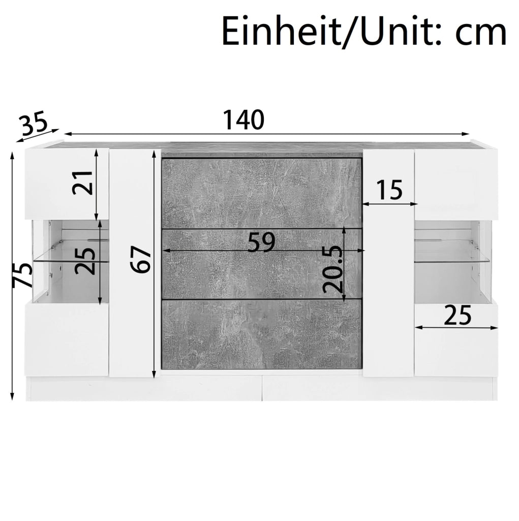 Sideboard moderno 140x35x75 cm con LED; 2 ante e 3 cassetti; bianco lucido e marmo grigio