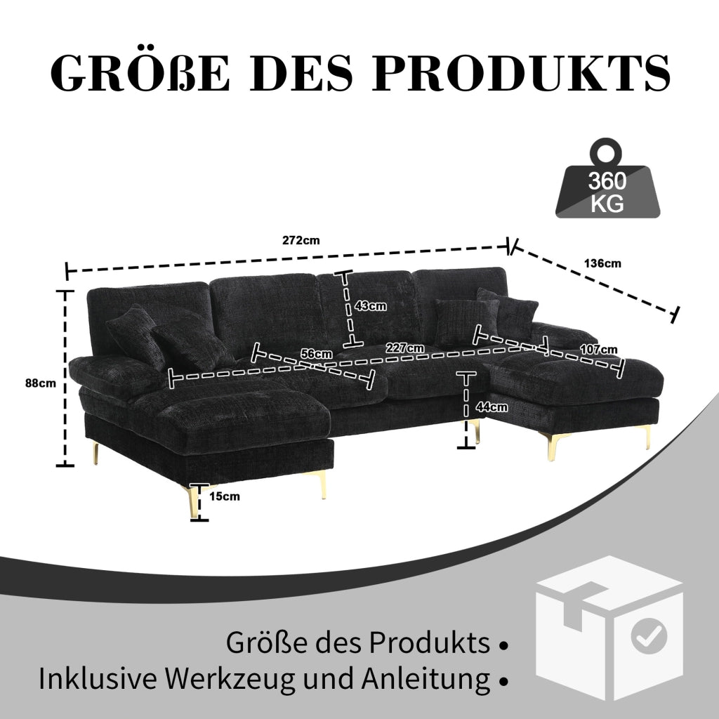 Divano Panoramico a U con Doppia Chaise Longue, 4 Cuscini Schienale, Gambe in Metallo, Ciniglia Nero 272 × 136 × 88 cm